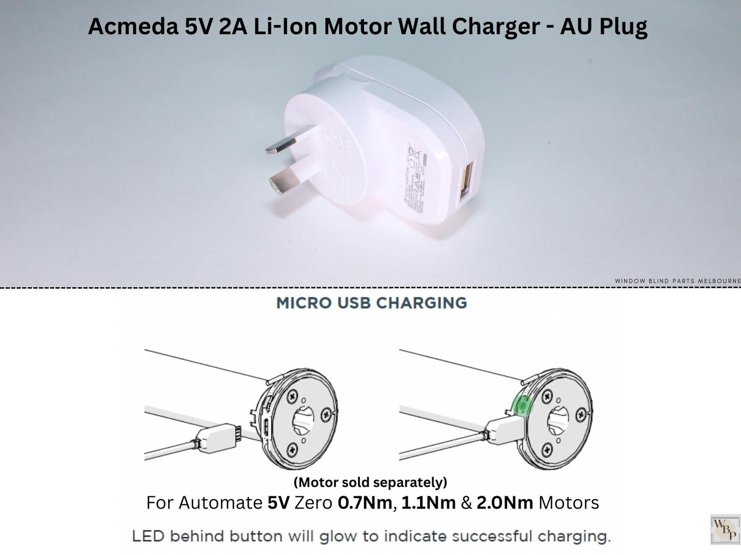 Acmeda 5V 2A Li-Ion Motor Wall Charger & 4m USB-A to Micro-USB Cable for Roller Blinds