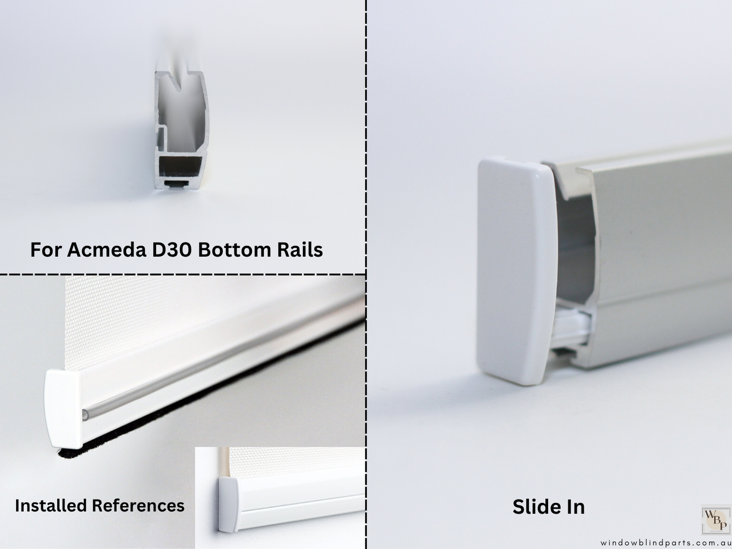 Roller Blind Acmeda D30 Bottom Rail Rectangle D-Shape End Caps