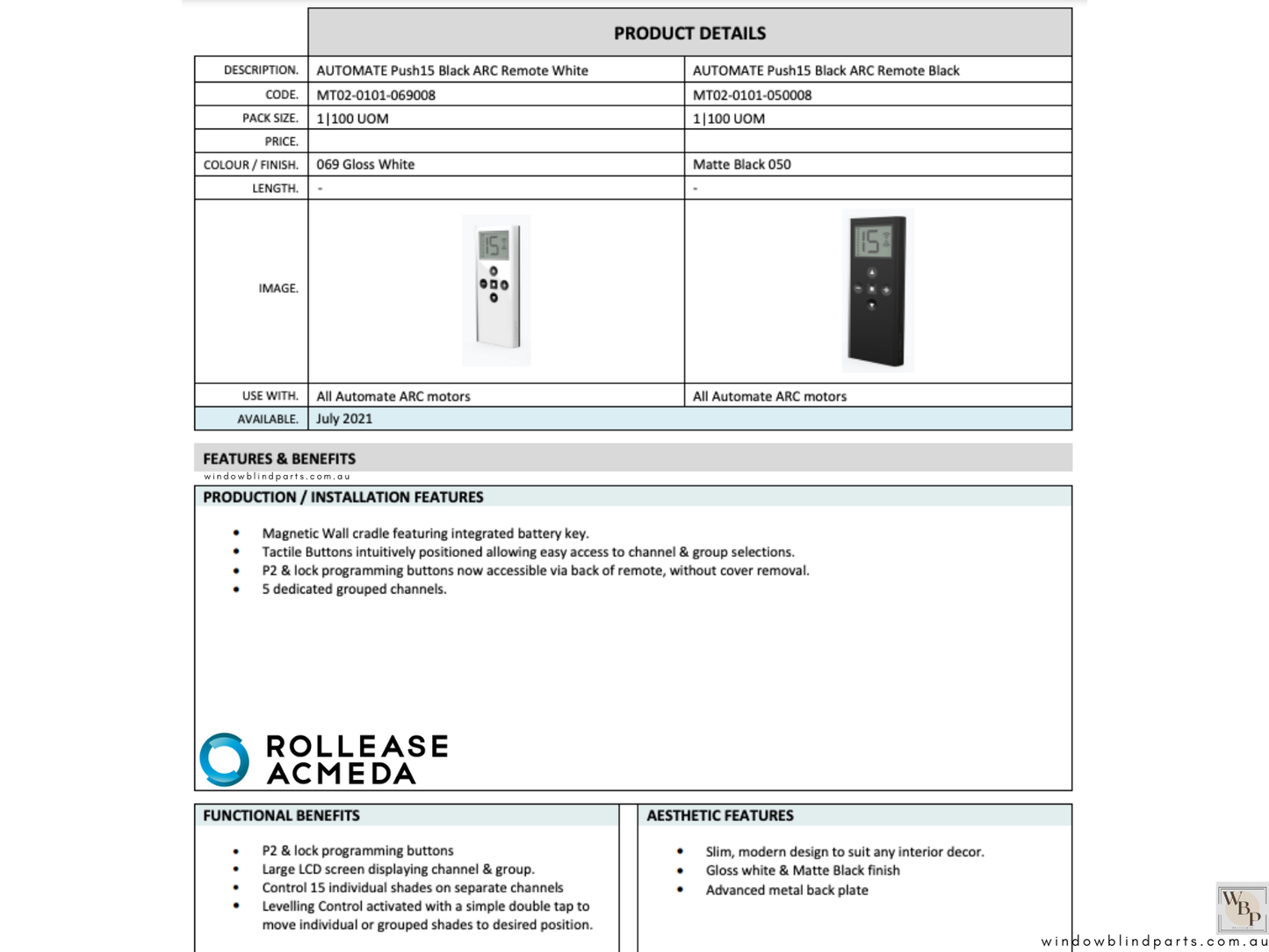 Genuine Acmeda 15 Channel Remote Control For Automate Motor Roller Blinds - NEW