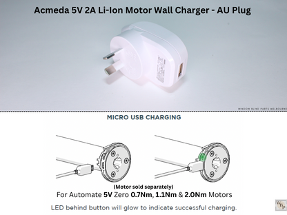 Acmeda 5V 2A Li-Ion Motor Wall Charger & 4m USB-A to Micro-USB Cable for Roller Blinds