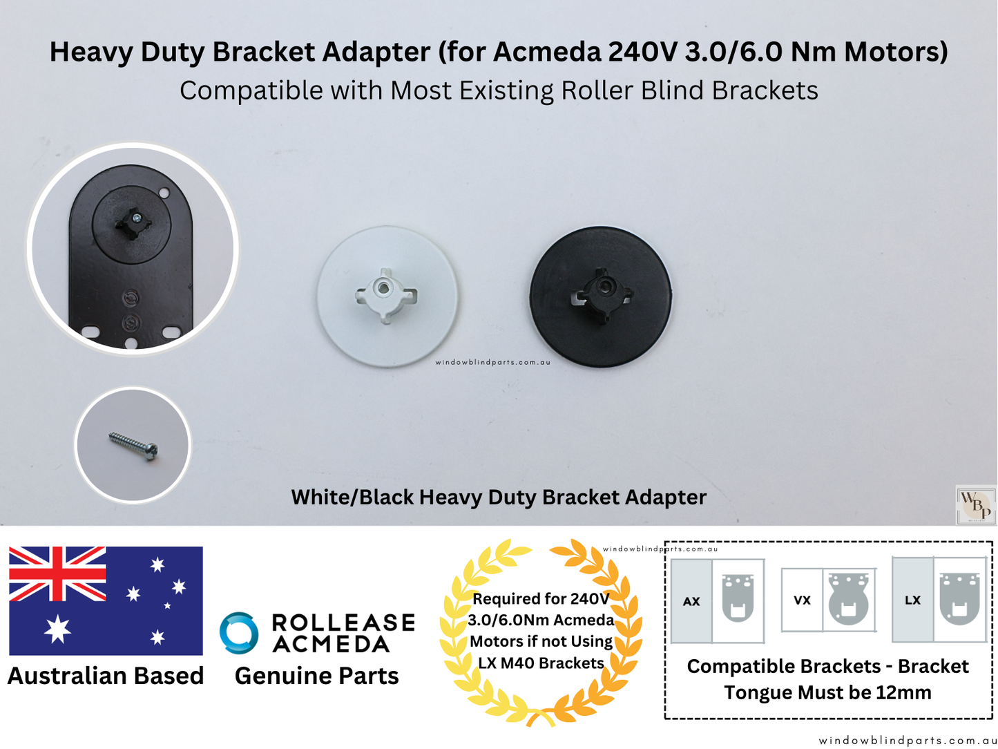 Genuine Acmeda Heavy Duty Bracket Adapters for 240V 3.0/6.0Nm Wired Motors - Roller Blinds