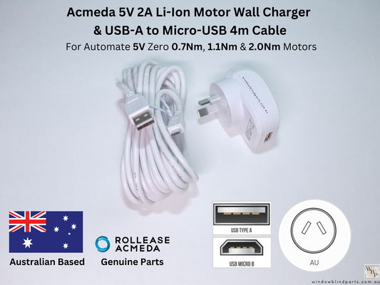 Acmeda 5V 2A Li-Ion Motor Wall Charger & 4m USB-A to Micro-USB Cable for Roller Blinds