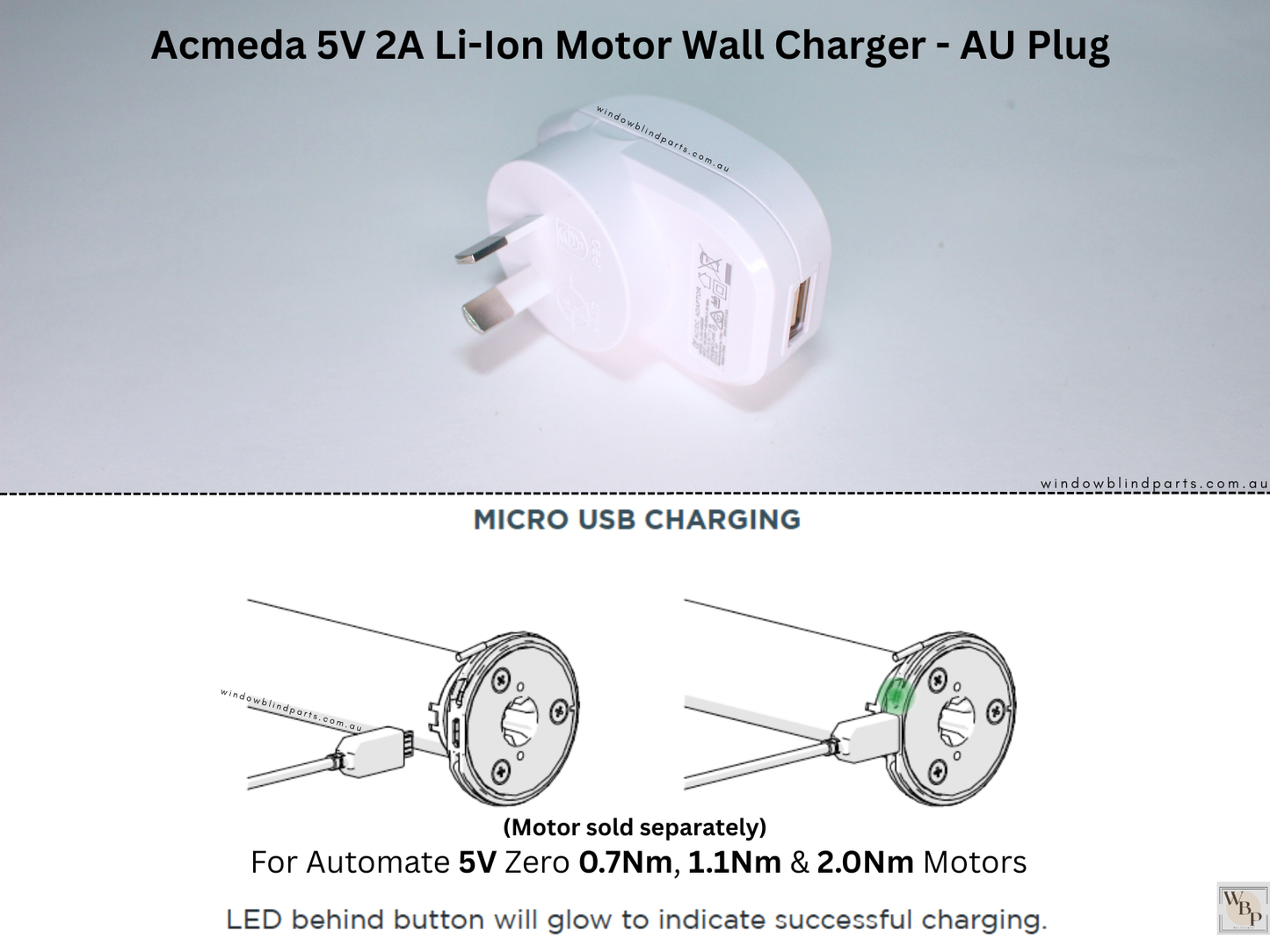 Acmeda 5V 2A Li-Ion Motor Wall Charger & 4m USB-A to Micro-USB Cable for Roller Blinds