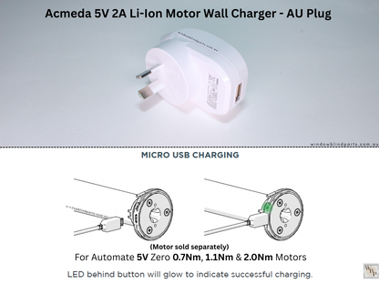 Acmeda 5V 2A Li-Ion Motor Wall Charger & 4m USB-A to Micro-USB Cable for Roller Blinds