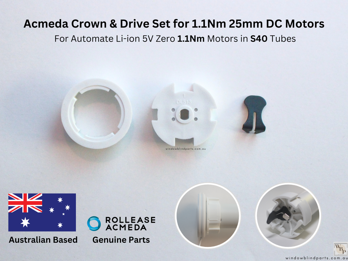 Genuine Acmeda Crown & Drive Set For 1.1Nm S40 (38mm Tubes) Battery Blind Motors
