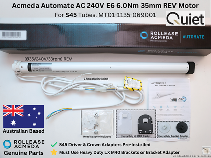 Acmeda Automate E6 6Nm 240V 35mm Wired Motor with Adapters for Roller Blinds