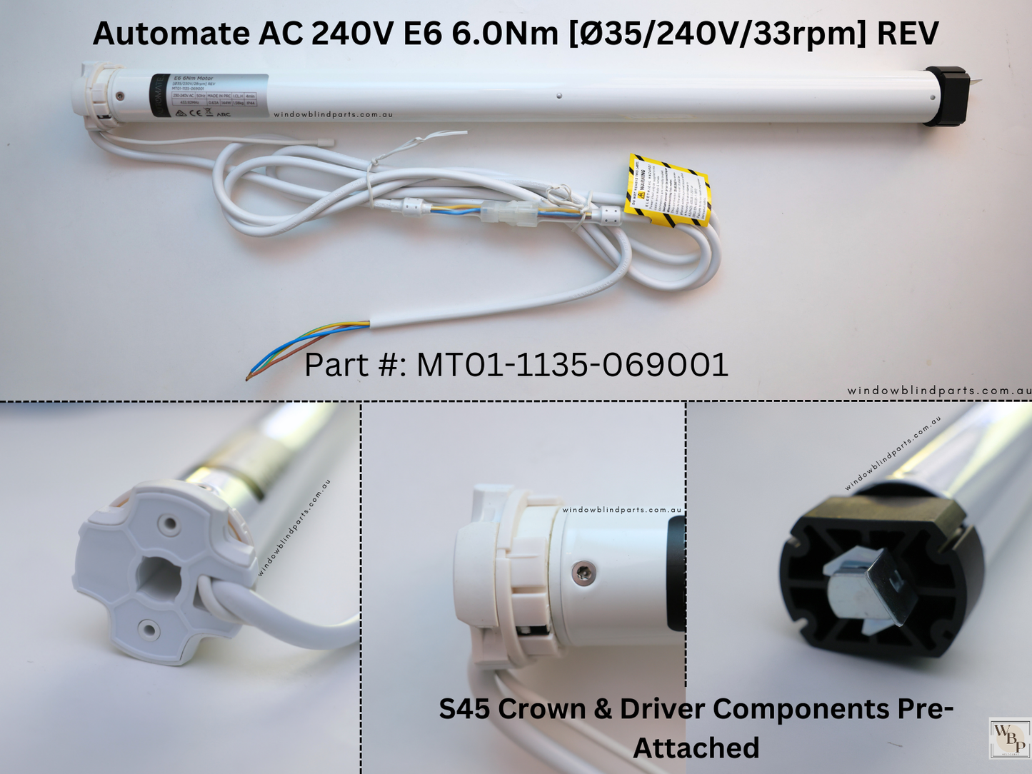 Acmeda Automate E6 6Nm 240V 35mm Wired Motor with Adapters for Roller Blinds