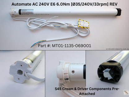 Acmeda Automate E6 6Nm 240V 35mm Wired Motor with Adapters for Roller Blinds