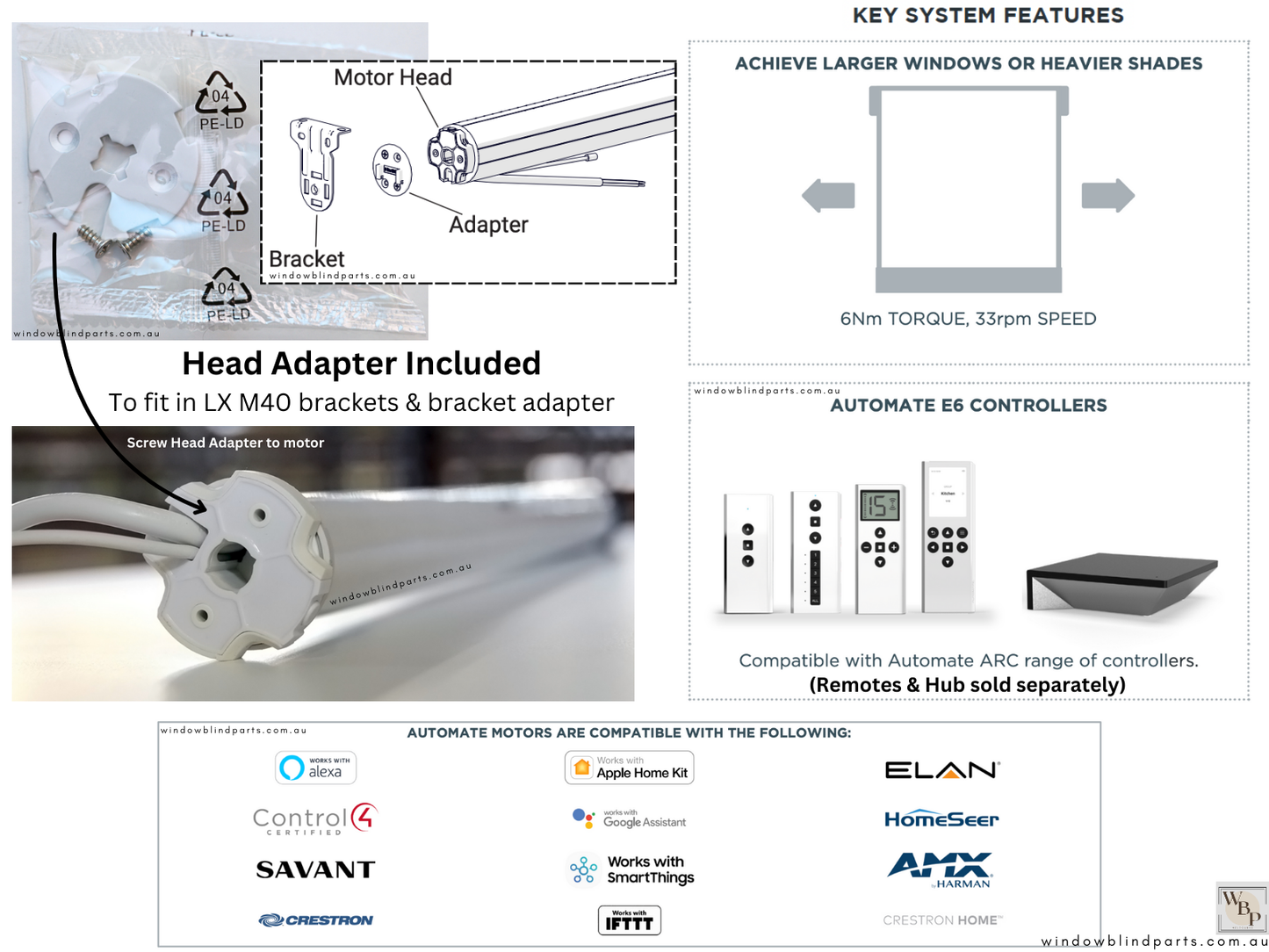 Acmeda Automate E6 6Nm 240V 35mm Wired Motor with Adapters for Roller Blinds