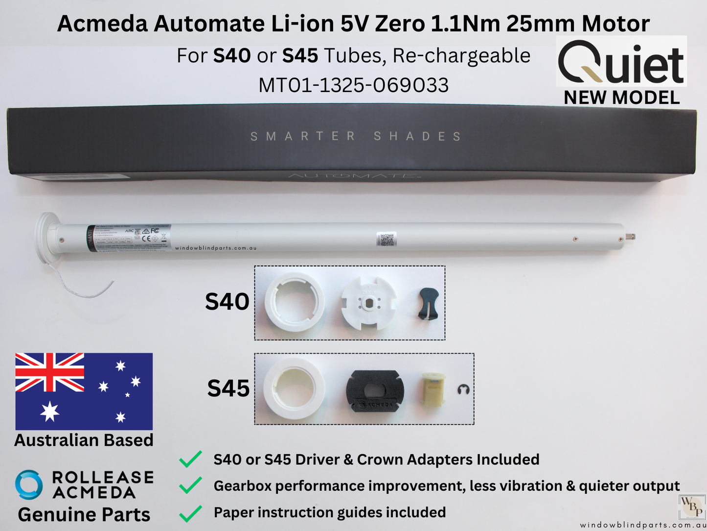 Acmeda Wireless 5V Re-Chargeable 1.1Nm 25mm Motor with Adapters for Roller Blinds