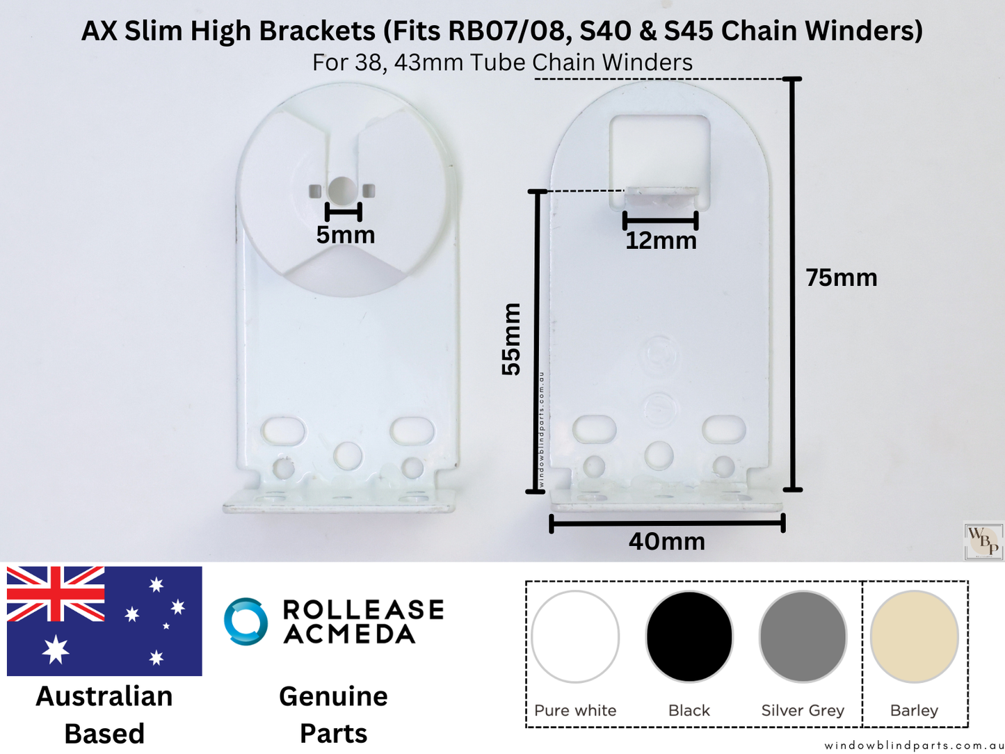 Genuine Acmeda RB08 & RB07, S40 & S45 Roller Blinds Brackets, AX Slim High Model