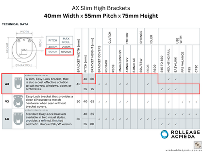 Genuine Acmeda RB08 & RB07, S40 & S45 Roller Blinds Brackets, AX Slim High Model