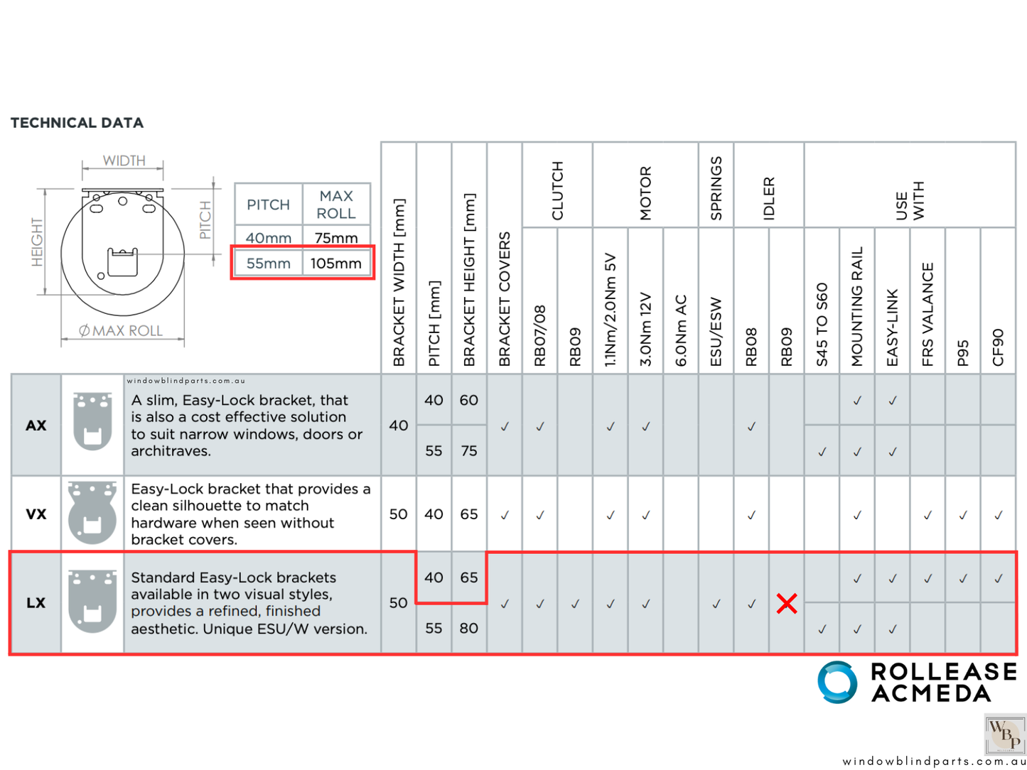 Genuine Acmeda RB08 & RB07 Roller Blinds Brackets, LX Extended Model