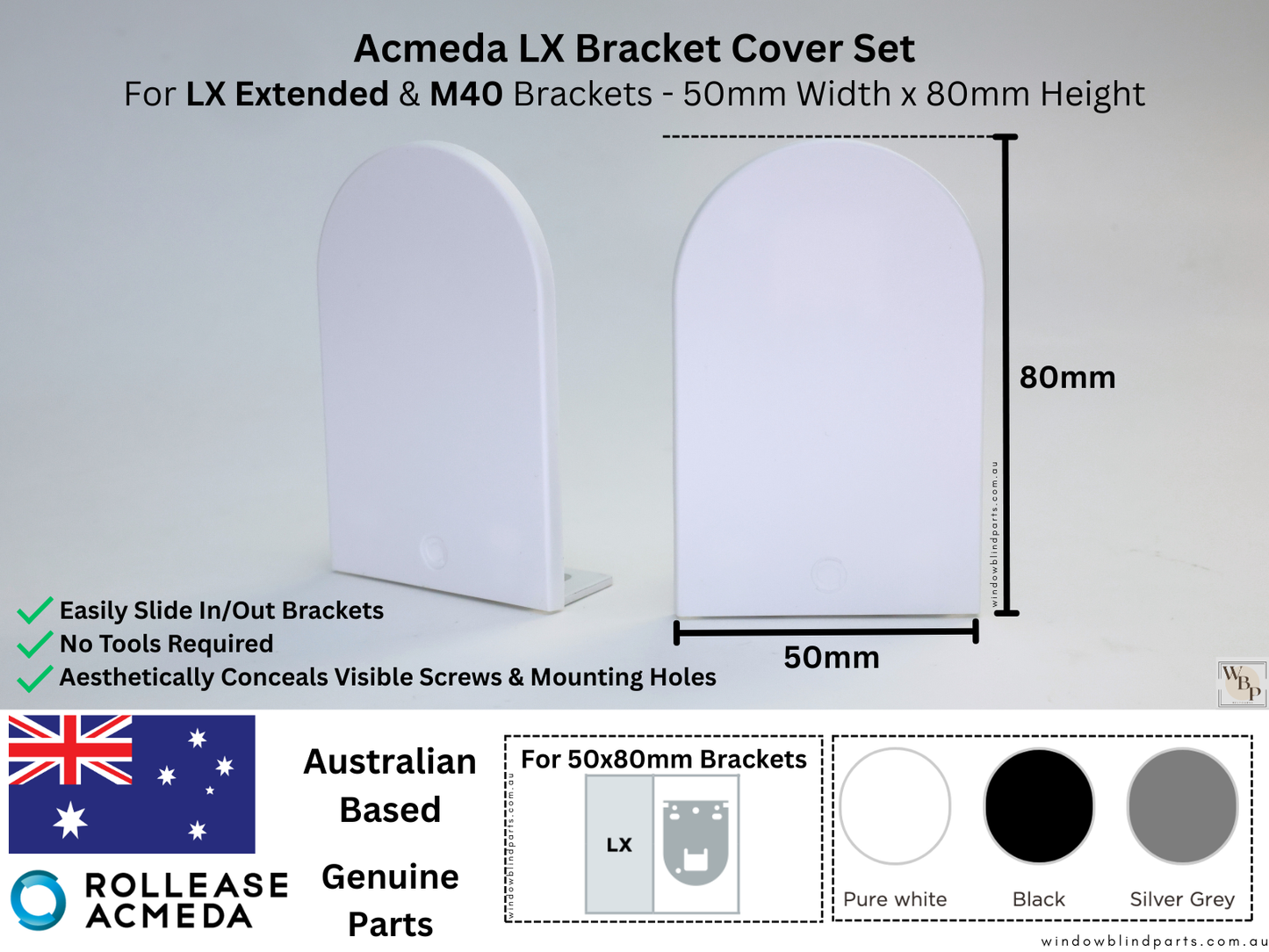 Genuine Acmeda Bracket Cover Set for Roller Blind LX Extended Brackets - 50 Width x 80mm Height