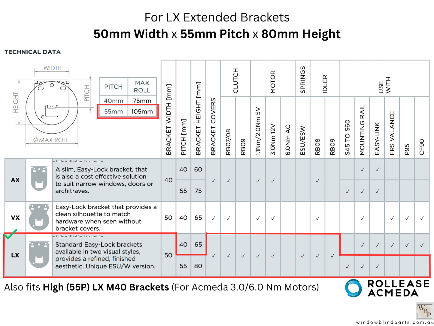 Genuine Acmeda Bracket Cover Set for Roller Blind LX Extended Brackets - 50 Width x 80mm Height