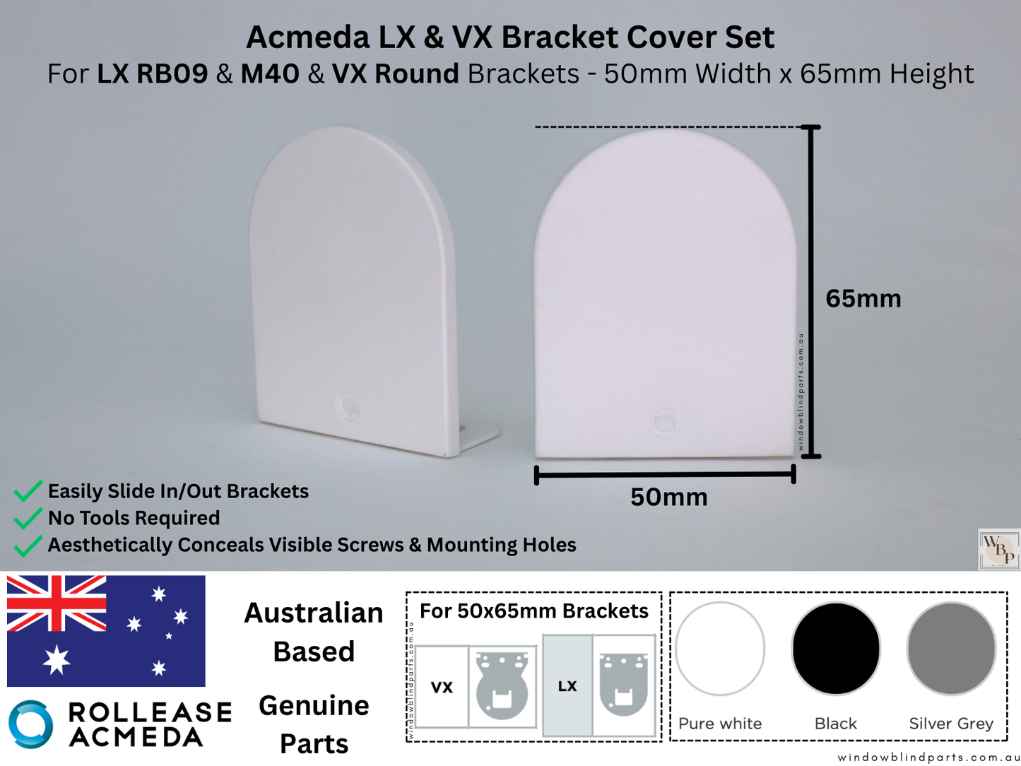 Genuine Acmeda Bracket Cover Set for Roller Blind LX RB09 & VX Round Brackets - 50 Width x 65mm Height