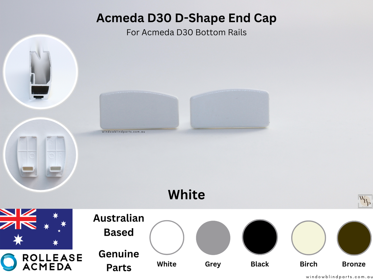 Roller Blind Acmeda D30 Bottom Rail Rectangle D-Shape End Caps