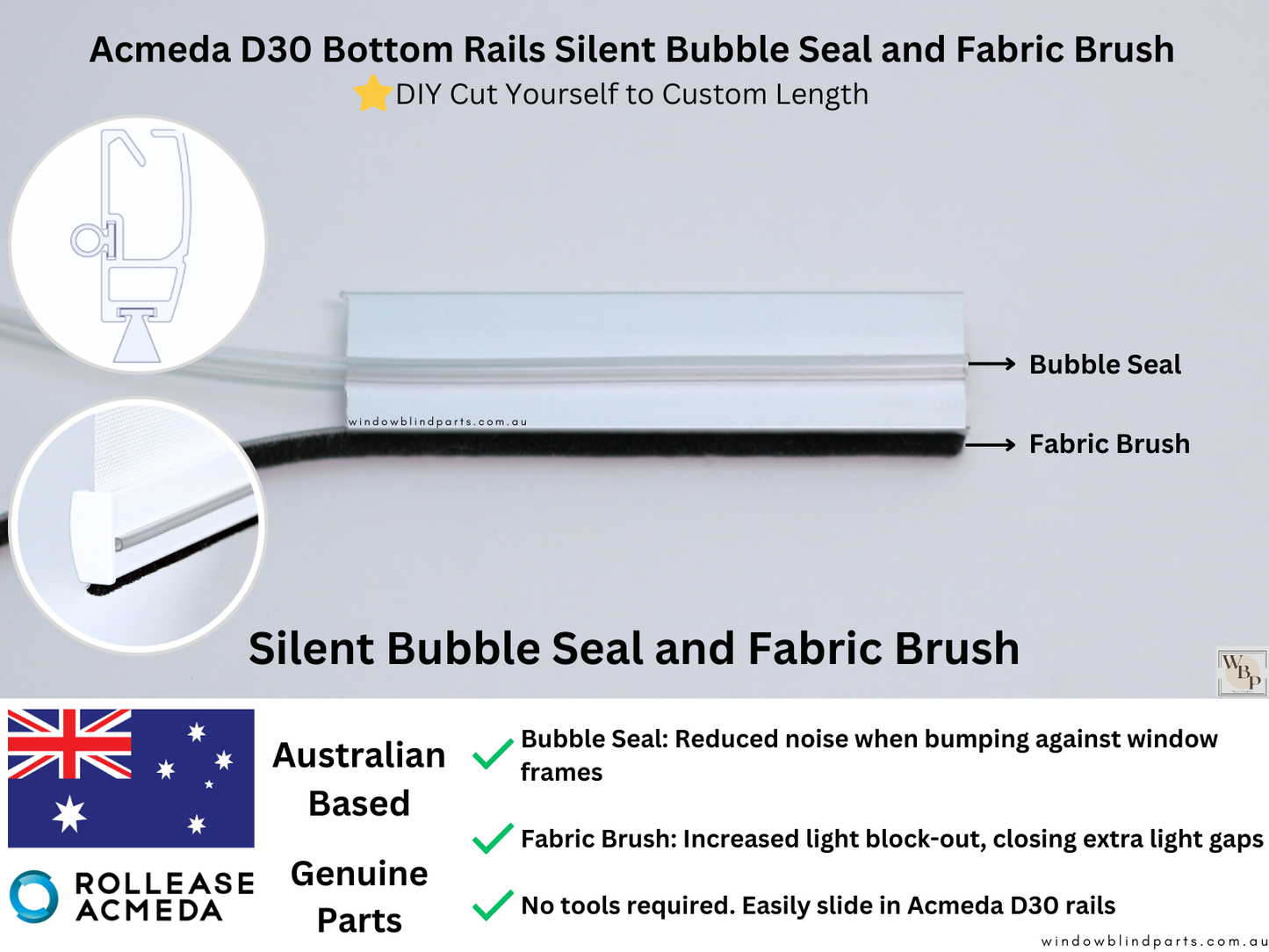 Roller Blind Bottom Rail Plastic Bubble Seal Bumper & Fabric Brush - For Acmeda D30 Rails