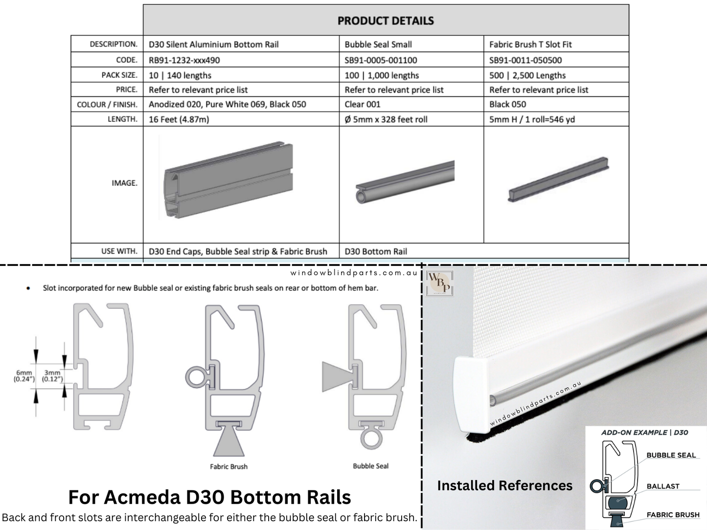 Roller Blind Bottom Rail Plastic Bubble Seal Bumper & Fabric Brush - For Acmeda D30 Rails