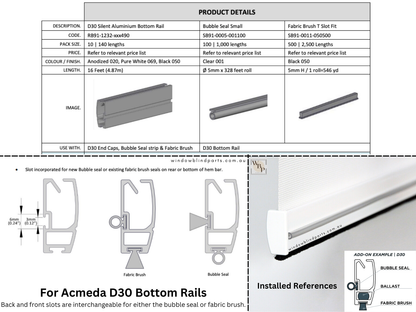 Roller Blind Bottom Rail Plastic Bubble Seal Bumper & Fabric Brush - For Acmeda D30 Rails