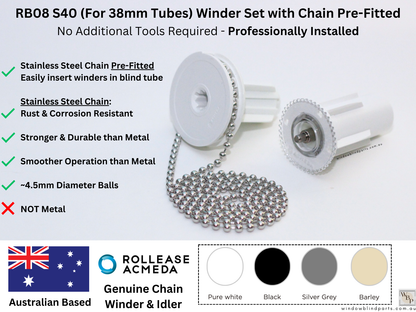 Genuine Acmeda RB08 S40 (For 38mm Tubes) Winder w/ Stainless Steel Chain Pre-Fitted