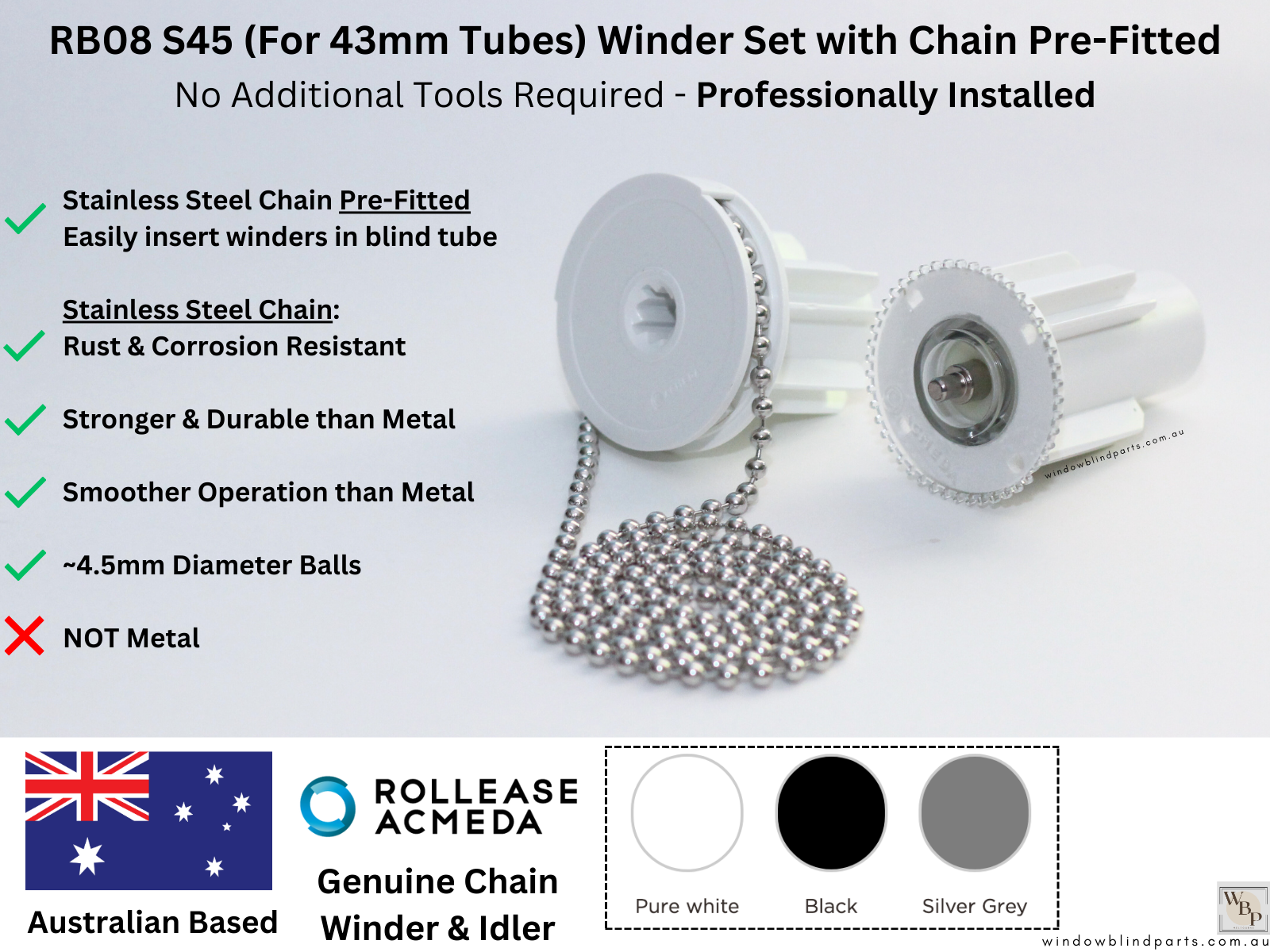 Genuine Acmeda RB08 S45 (For 43mm Tubes) Winder w/ Stainless Steel Cha ...