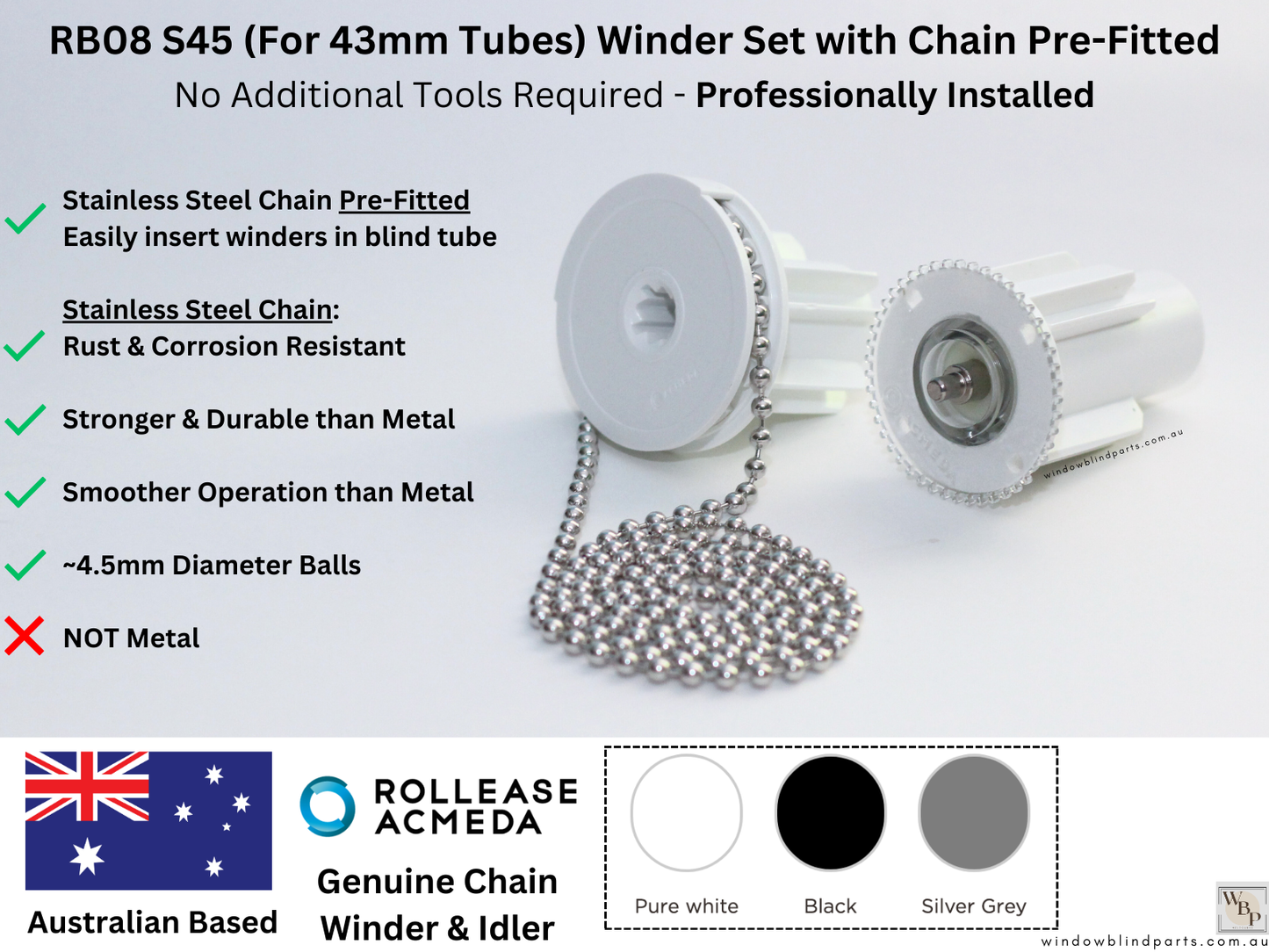 Genuine Acmeda RB08 S45 (For 43mm Tubes) Winder w/ Stainless Steel Chain Pre-Fitted